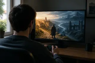 Joueur assis devant un écran montrant un aventurier entre un village paisible et une vallée dangereuse.