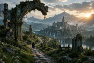 Cité fantastique en pierre observée depuis une arche en ruine, éclairée par une lumière dorée et quelques runes turquoise.
